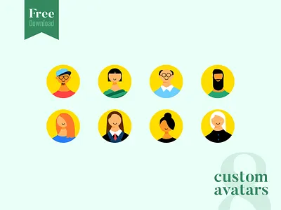 8 Custom Avatars Free Download avatar free download avatars colorful colourful download download avatar face faces free download free illustrations freebie freebies icons illustration pack pack set vector