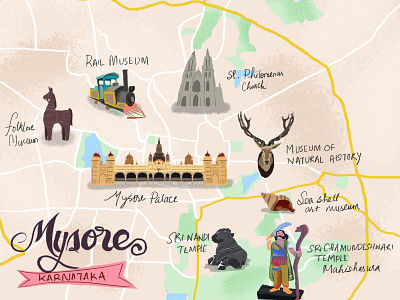 Map illustration - Mysore Karnataka culture design design art digital art digitization drawing to design karnataka map design map illustration map ui mapping maps museums