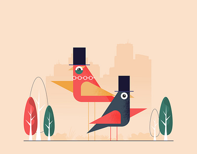 Funny birds in the city animal bird city flat illustration vector