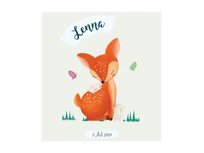Birth announcement card for Lenna animals bambi birth announcement card child childrens illustration digital art digital artwork digital paint forest graphic design illustration kids nature procreate rabit woods