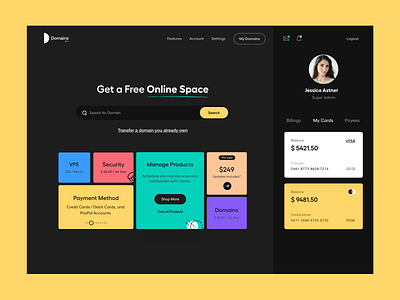 Web UI branding clean credit card dark mode design domain hosting landing page online space product design search domain typography ui ui-ux user experience ux web web ui