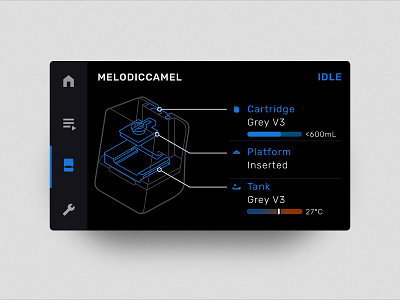 Touch UI 3d dark dark mode dark ui diagram formlabs futuristic icons iot line drawing printer side nav touch screen ui ux