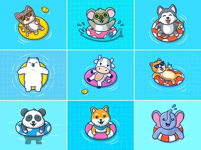 is it still summer? 🤔🤔 animals cat cow cute dog elephant illustration koala logo panda polar summer swimming