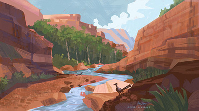 Red Rock Runners adventure canyon desert digital painting environments hiking illustration outdoors red rocks canyon river road runners rocks sonoran travel trees wildlife