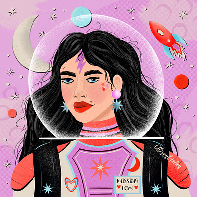 Space Mission astronaut character design character portrait design digital drawing drawing challenge editorial design female illustrator hand drawn illustration procreate space wall art