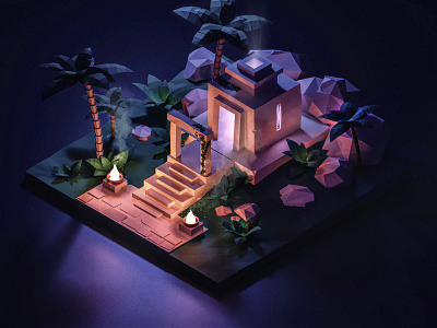 Full Moon at the Temple 3d blender game art illustration isometric jungle low poly night ruins temple