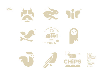 LOGO DESIGN // bully bunny butterfly crow early bird logo owl rooster shrimp tuna