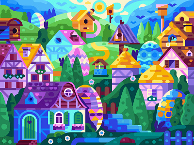 Easter Egg Hunting bird bird house coloring book concept easter egg egg hunt flat design game design gaming house houses illustration landscape rural scene spring village