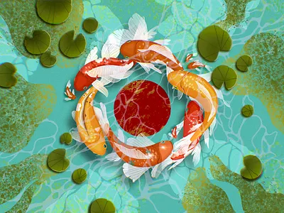 Around the Sun art creative illustration design design studio digital art digital illustration digital painting fish graphic design illustration illustration art illustrations illustrator koi nature peace pond procreate sun water