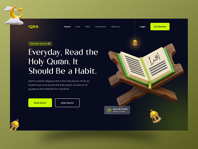 IQRA - Web Header Design 3d adobe xd arabic creative design dark mode ui figma holy quran iqra islamic website islamic platform website design quran recite reading quran tafsirul quran website translating holy quran ui ui design ui ux design visual design web design web header design web template