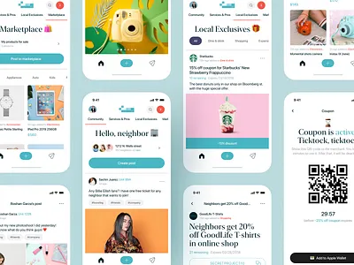 Neighbors community IOS app 2d app app design background coupon design ecommerce figma figmadesign green ios app minimal minimalism posts screen shop social app social network ui ux