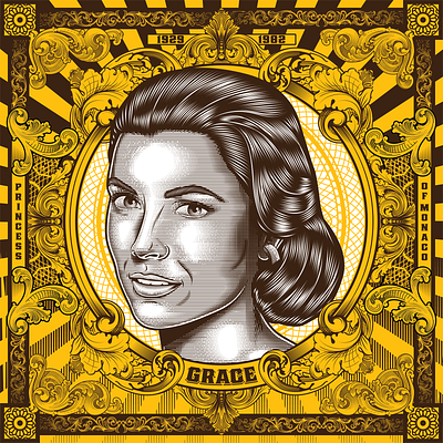 Grace Princess of Monaco art beauty design engraving face fan art figurative flourish grace kelly illustration ornament portrait retro sratchboard vector vintage woodcut