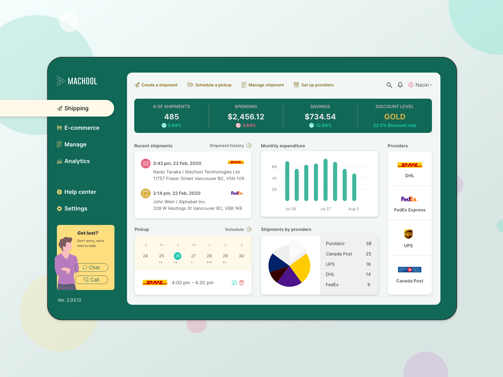 Example of Shipping application dashboard concept