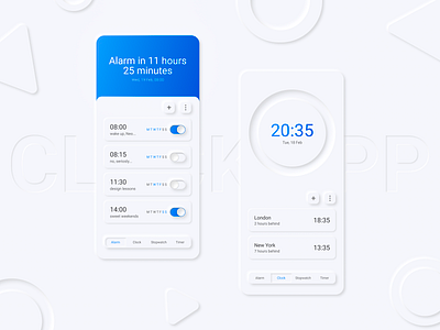 Neomorphic Clock App app design figma interface mobile mobile app mobile design ui ux