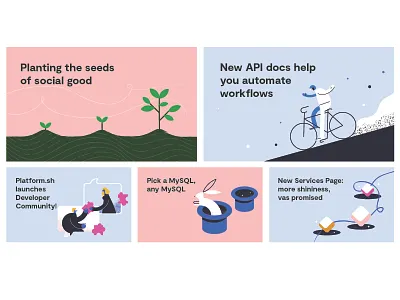 Platform.sh Blog Posts api automation blog community developer illustration magic plant platform.sh rabbit services
