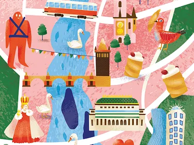 Map of Prague bird bloom character design golem green illustration map maps nature prague red tram vector
