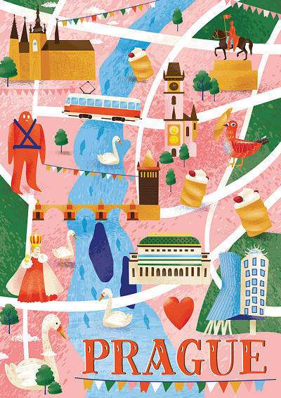 Map of Prague bird bloom character design golem green illustration map maps nature prague red tram vector