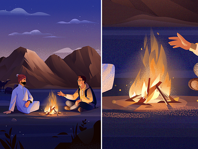 illustration for mobile app blue character desert dialogue fire illustration light man night sky