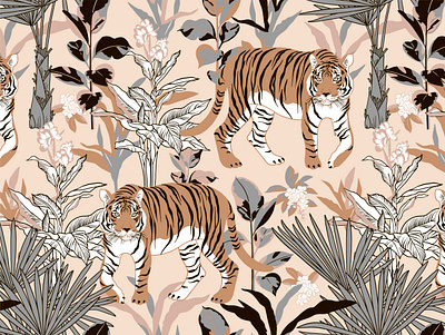 Seamless pattern with tiger in the tropics background design illustration pattern tiger tropics постер