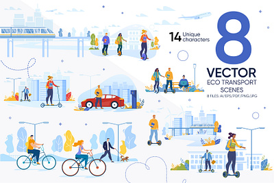 Eco Transport Vector Scenes banner bike car character city eco electric gyro journey lifestyle man people person ride road scooter segway transport travel vector