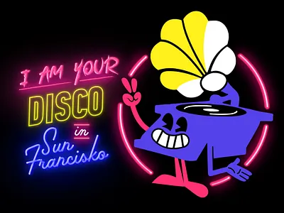 I am your disco! 1930 1930s adobe illustrator draw blue cartoon character character disco fun gramophone illustration love lover music neon neon lights old cartoon old school retro sing vintage