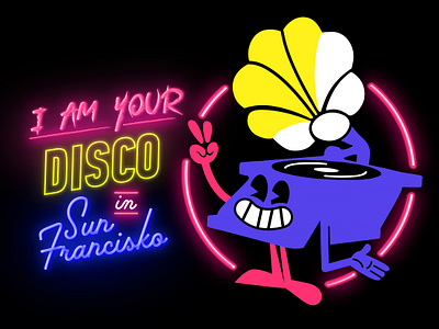 I am your disco! 1930 1930s adobe illustrator draw blue cartoon character character disco fun gramophone illustration love lover music neon neon lights old cartoon old school retro sing vintage