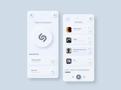 Shazam neomorphism style redesign animation app branding clean design digital light minimal mobile ui music neomorphism neumorphic player playsit redesign shadow skeuomorph ui ux white