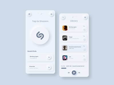 Shazam neomorphism style redesign animation app branding clean design digital light minimal mobile ui music neomorphism neumorphic player playsit redesign shadow skeuomorph ui ux white