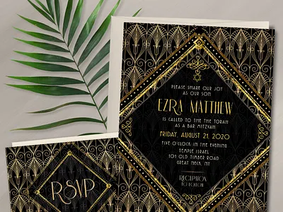 Black Gold Bar Mitzvah Invite & RSVP art deco bar mitzvah invitation card invitation set invitation template print design rsvp card