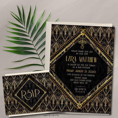 Black Gold Bar Mitzvah Invite & RSVP art deco bar mitzvah invitation card invitation set invitation template print design rsvp card