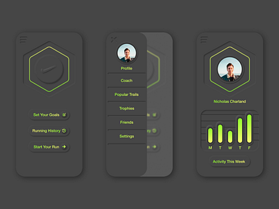 Nike Running But Make It Neumorphic colors dark dark app design digital gradient green iphone minimal mobile neumorphic neumorphism nike round running shadow uiux yellow