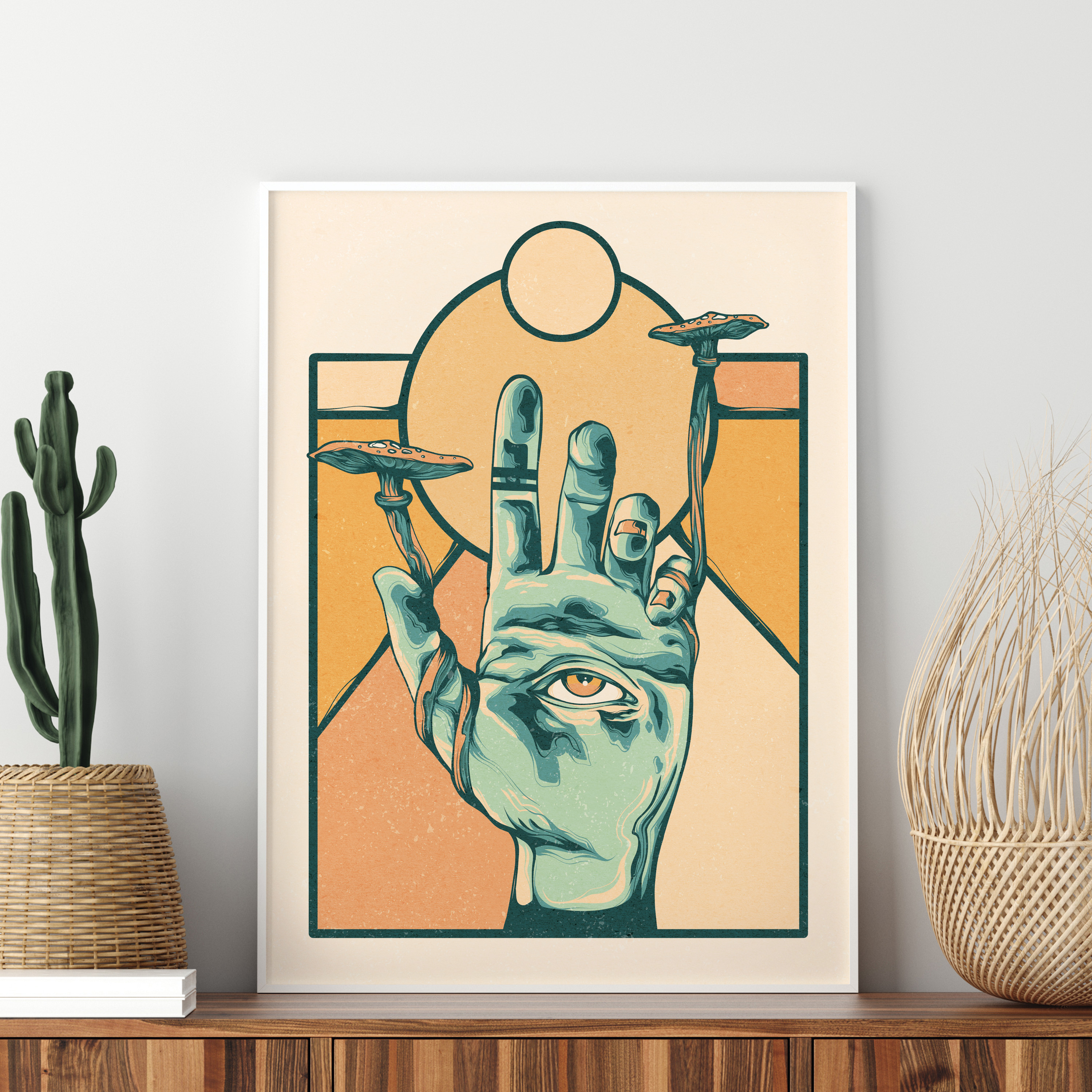 Psychedelic Hamsa Hand 60s 70s blue desert evil eye eye funky groovy hamsa hand hippie illustration mushrooms poster psychedelic retro surreal third eye trippy yellow