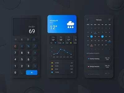 Neomorphic Ui App Set app calculator calendar dark darkui design figma interface mobile mobile app mobile design neomorphism softui ui ux weather