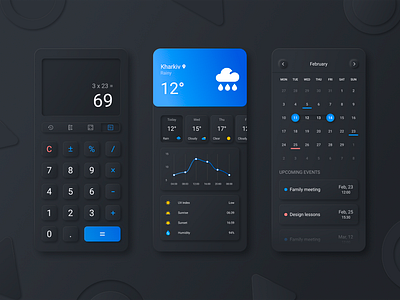 Neomorphic Ui App Set app calculator calendar dark darkui design figma interface mobile mobile app mobile design neomorphism softui ui ux weather