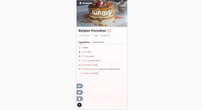 'ungry Recipe Page, Belgian Pancakes app design flat design food food app hungry mobile mobile design recipe recipe app ui visual design waffles