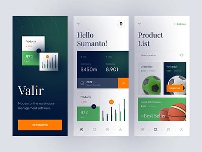 Valir - Warehouse Management App account app app ui best seller chart dashboard graph graphic item items list mobile app product profile splash splash screen warehouse welcome wireframe