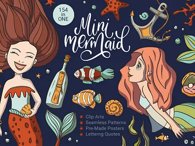 Mini Mermaid. Big Graphic Pack. animal calligraphy card cartoon clipart color cute animal cute art design drawing dribble girl illustration mermaid mermaids minimal sea seamless seamless pattern vector