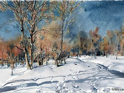 20200212 Snow 19x28 artbatdiversion drawing landscape landscapepainting painting snow watercolor watercolour winter wip