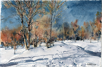 20200212 Snow 19x28 artbatdiversion drawing landscape landscapepainting painting snow watercolor watercolour winter wip