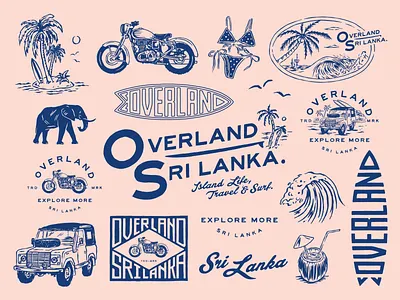 OVERLAND SRI LANKA badge badge design beach bikini brand assets branding design illustration land rover lettering lockups motorcycle script sri lanka surf type vacation vintage wave