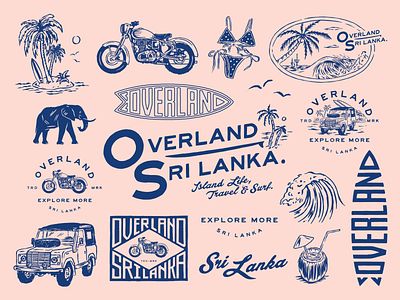 OVERLAND SRI LANKA badge badge design beach bikini brand assets branding design illustration land rover lettering lockups motorcycle script sri lanka surf type vacation vintage wave