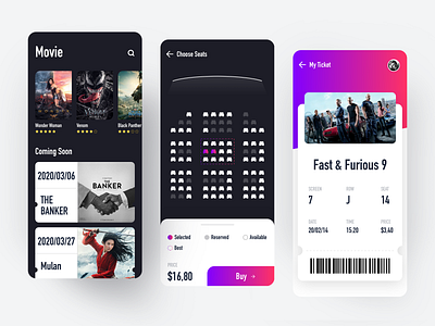 Movie App 2020 app black colors design films gui movies page popular seat tickets ui ux