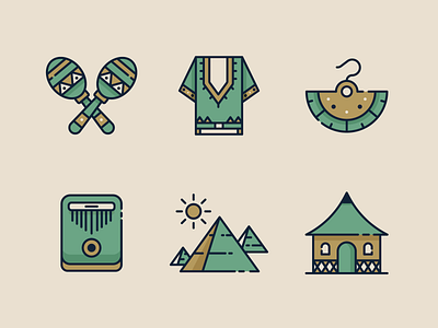 Africa Icons 2 2d africa african art african culture african instrument african people african shirt culture flat icon icon design illustration kalimba necklace pyramid south africa traditional traditional house ui ux