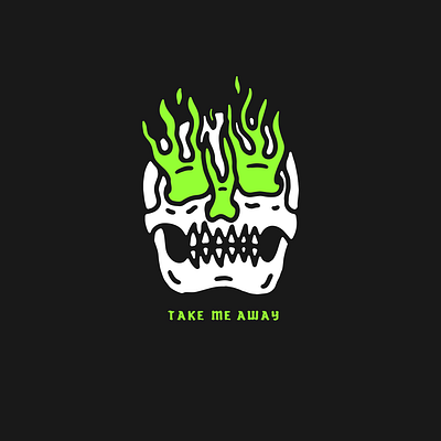 TAKE ME AWAY flames green lettering skull tattoo traditional tattoo type