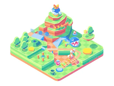 Bob-Omb Battlefield - Super Mario 64 bob omb bomb chomp coins game isometric land level mario mushroom nintendo nintendo64 pipe star supermario64