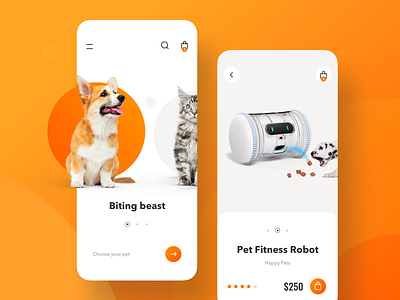 Pets shop App Design adobe photoshop app business cat clean design dog icons orange page pets petshop price product screen sketch ui ux