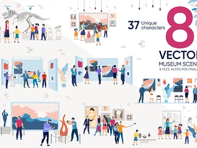 Museum Vector Scenes art artwork cartoon character exhibit exposition flat gallery history illustration modern museum painting people picture sculpture statue vector visitor woman