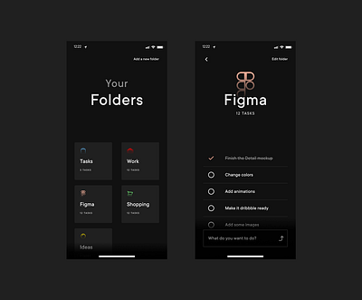 Folder based To Do App - Dark Theme Mobile app dark ui design flat gradient icon minimal mobile ui monochromatic outline todoapp todoist ui