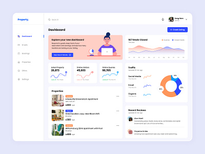 Vacation Home Rental Dashboard admin airbnb analytics app bookings charts dashboard dashboard ui design home rental illustration interface listings properties social media ui user experience vacation vacation rental webdesign