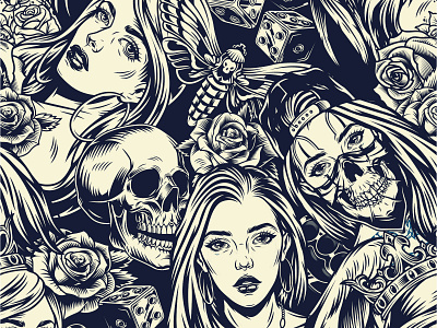 Chicano Vector Pattern adobe illustrator chicano chicano girl cholo girl illustration monochrome monochrome design pattern pattern art pattern design patterns roses skull vector vector illustrator vector illustrator design vintage